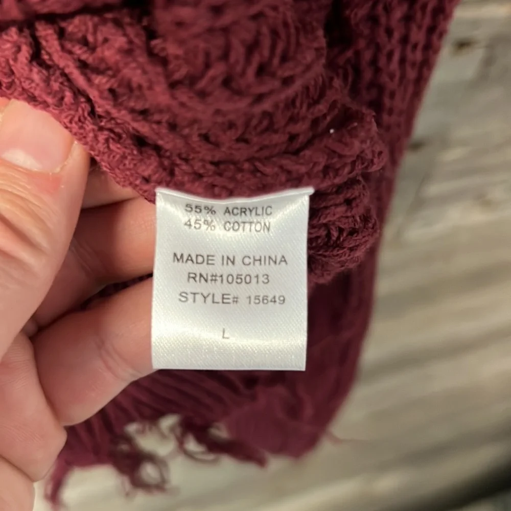 Emmer & Oat V-Neck Sweater w/ Raw Edges-Burgundy - Picture 3 of 4
